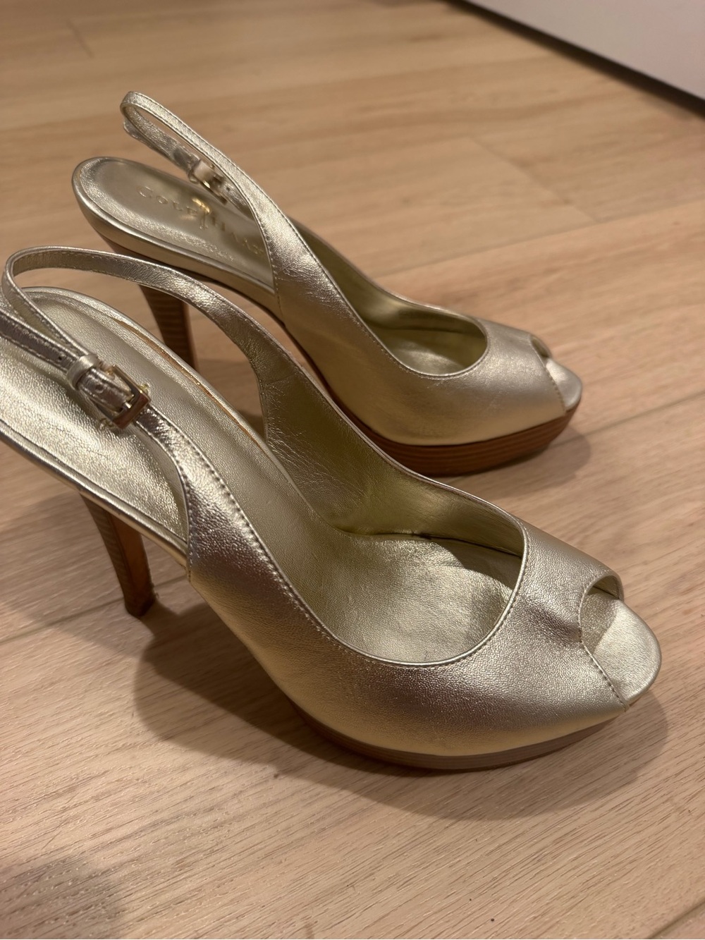 Cole Haan Mariela Nike Air Metallic Soft Gold Peep-Toe Sling Heels